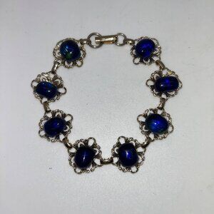 Vintage Gold Tone Bracelet Cobalt Blue Acrylic Cabochon Floral Filigree Design